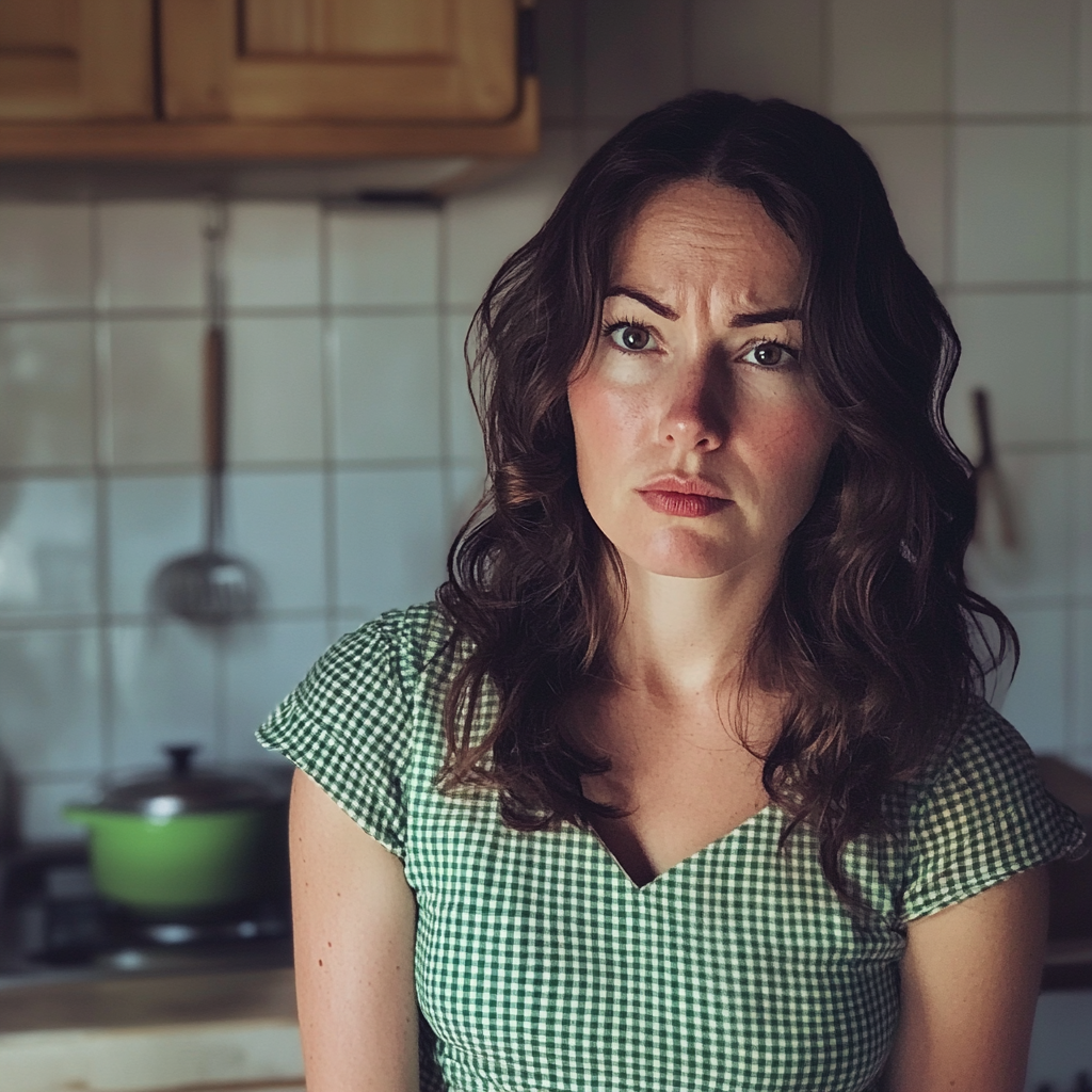 An upset woman standing in a kitchen | Source: Midjourney