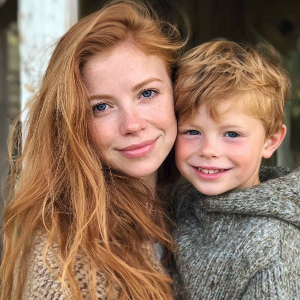 A smiling mom and son standing outside | Source: Midjourney