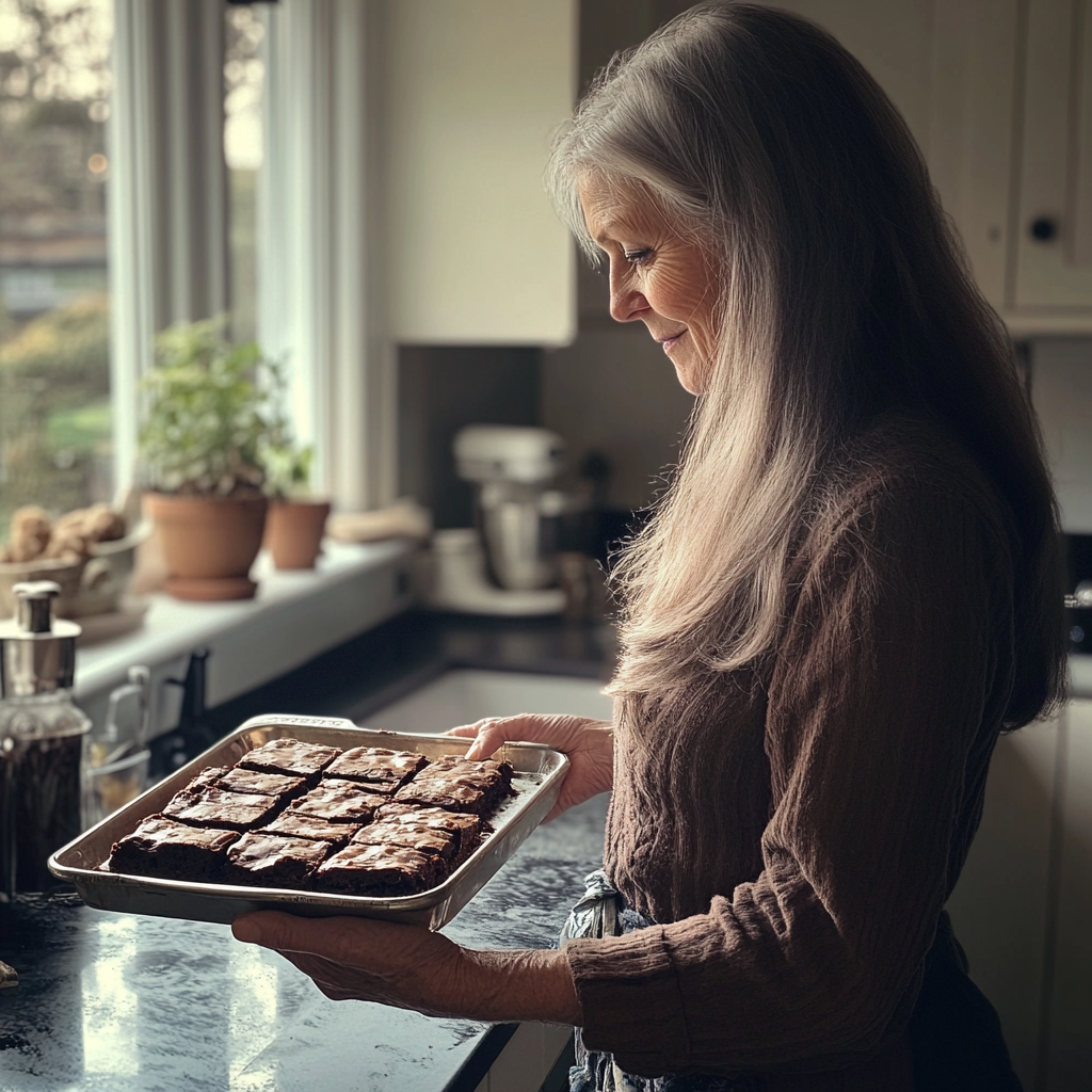 An older woman holding a tray of brownies | Source: Midjourney