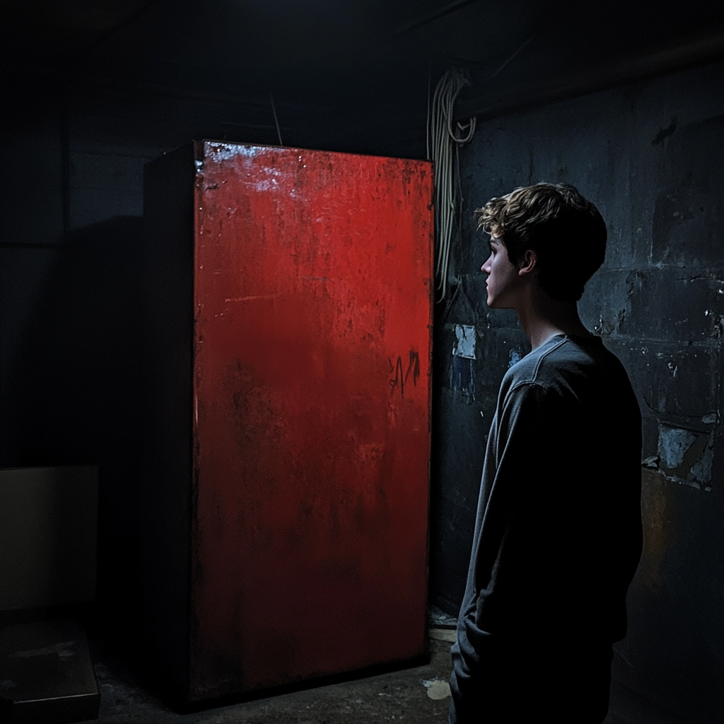 Young man staring at a large red box in the basement | Source: Midjourney