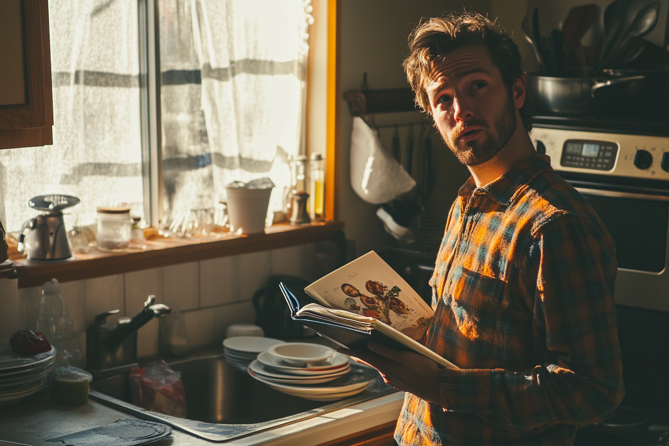 A man holding a cookbook in a kitchen with a sink full of dirty plates | Source: Midjourney