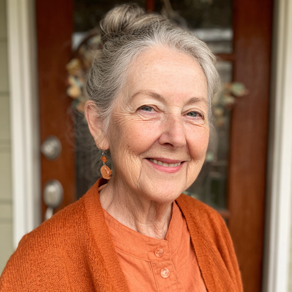A smiling older woman standing on a porch | Source: Midjourney