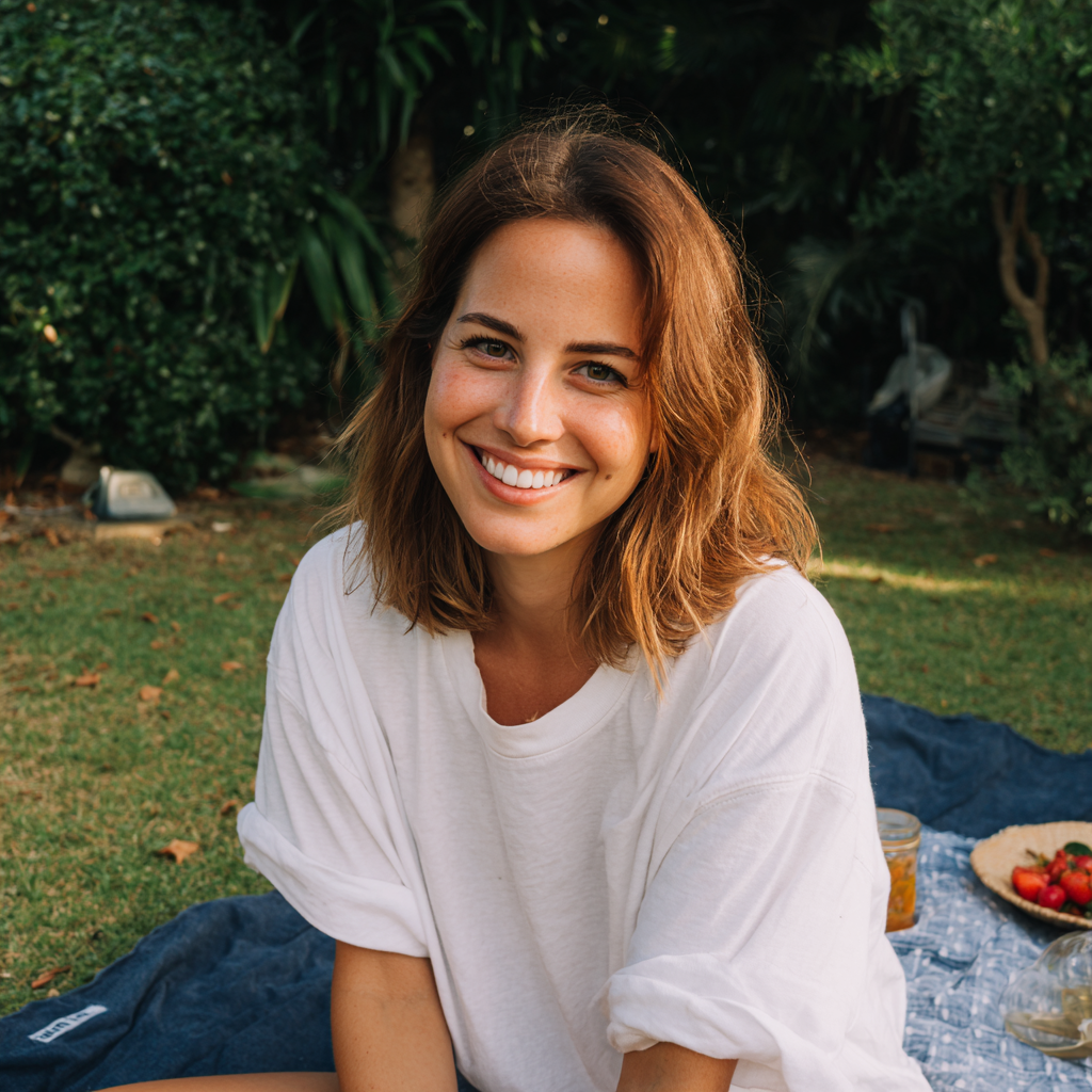 A smiling woman sitting on a navy blanket | Source: Midjourney