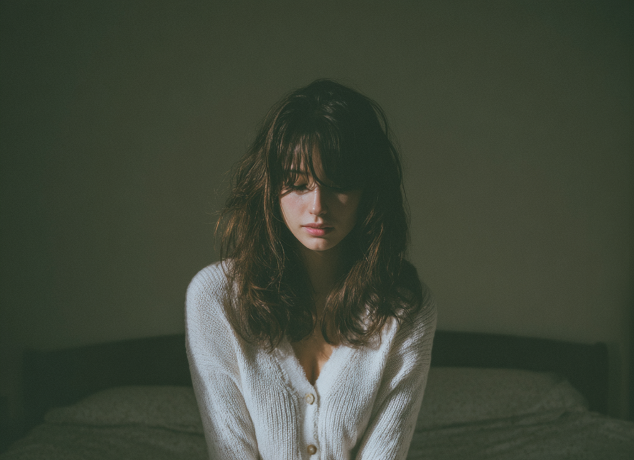 An upset woman sitting on the edge of a bed | Source: Midjourney