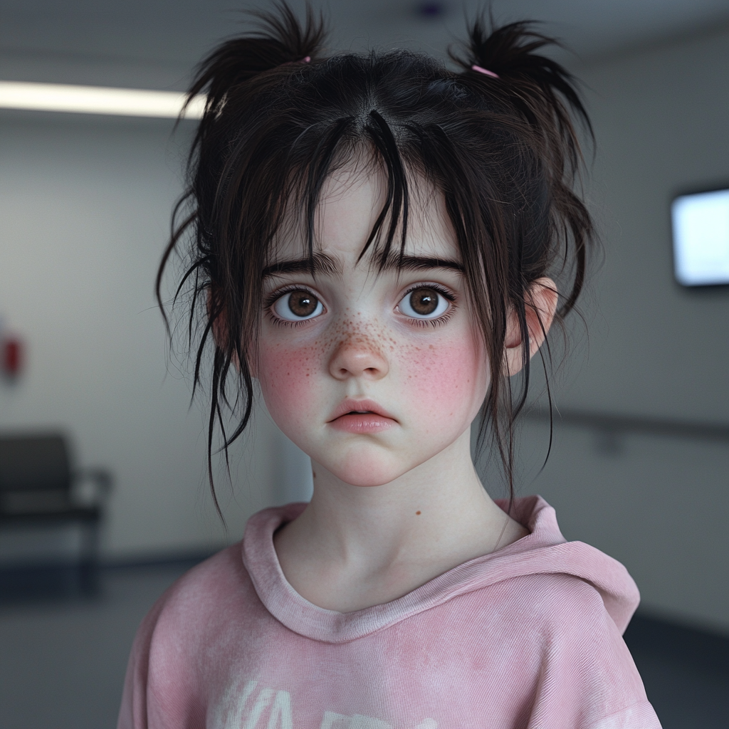 A little girl standing in a hospital waiting area | Source: Midjourney