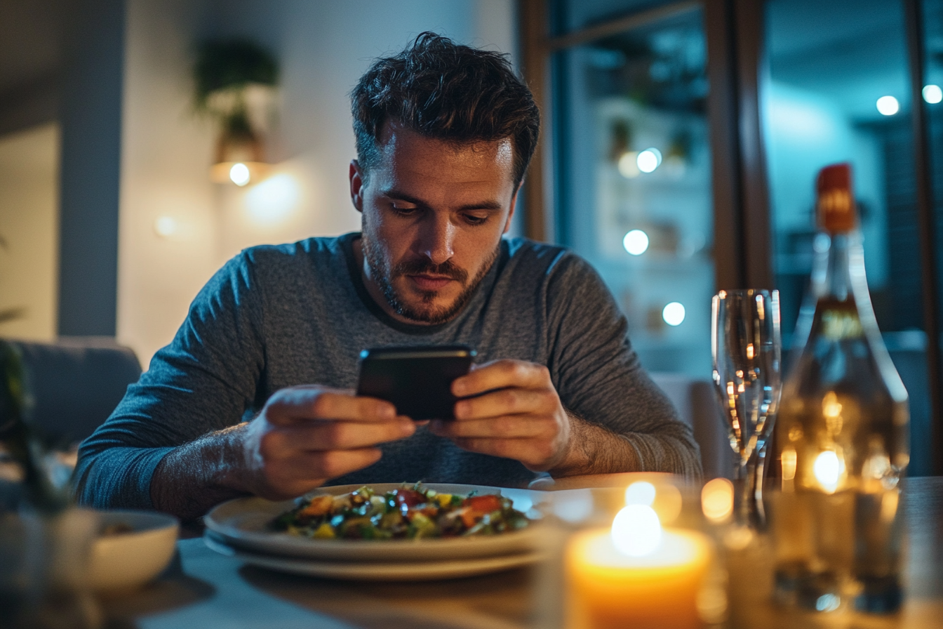 Man at a dinner table looking at his phone | Source: Midjourney