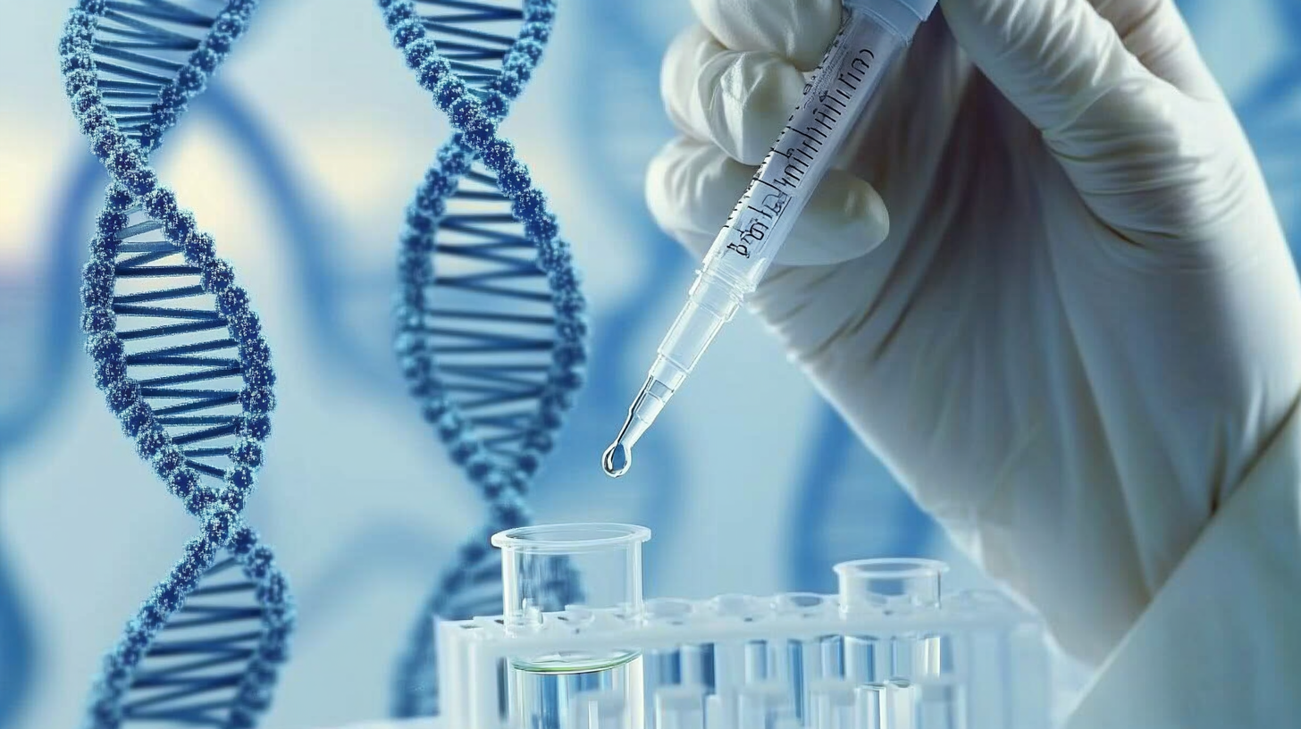 Gloved hand handling a pipette and vial against a background of DNA helixes | Source: Midjourney