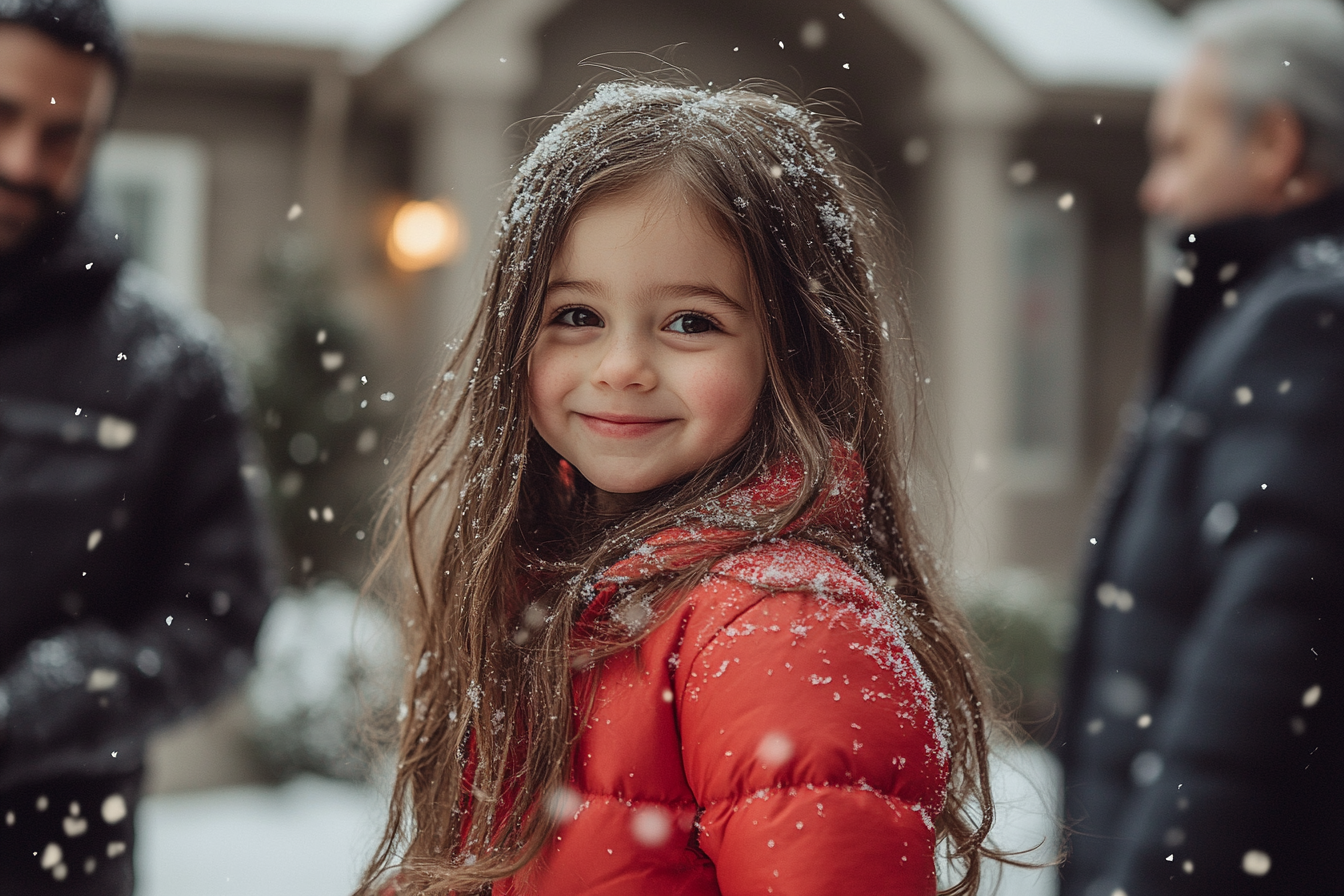 A little girl in a red jacket, happy with two adults in the background on a snowy day | Source: Midjourney