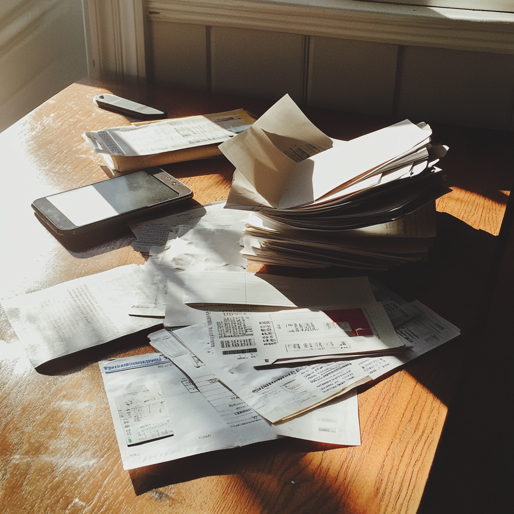 Bills and receipts on a table | Source: Midjourney