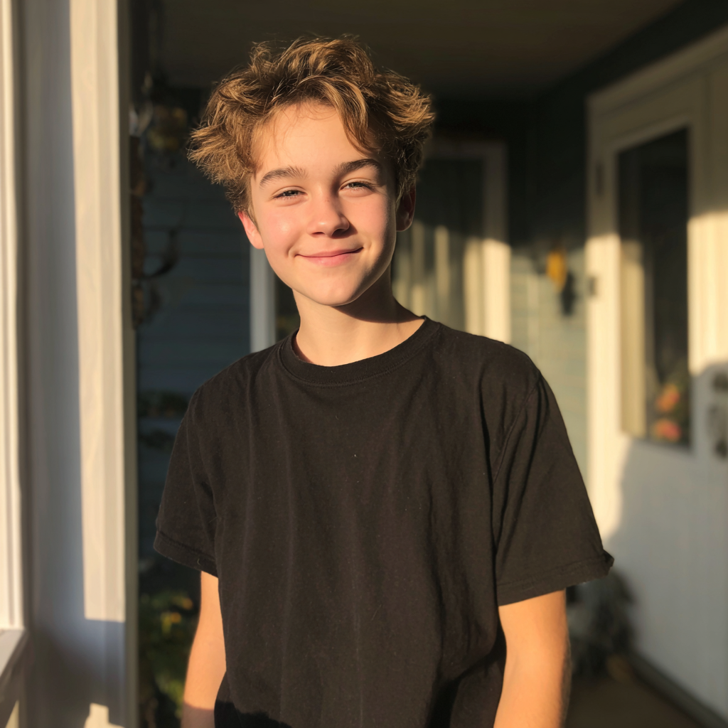 A smiling teenage boy standing on a porch | Source: Midjourney
