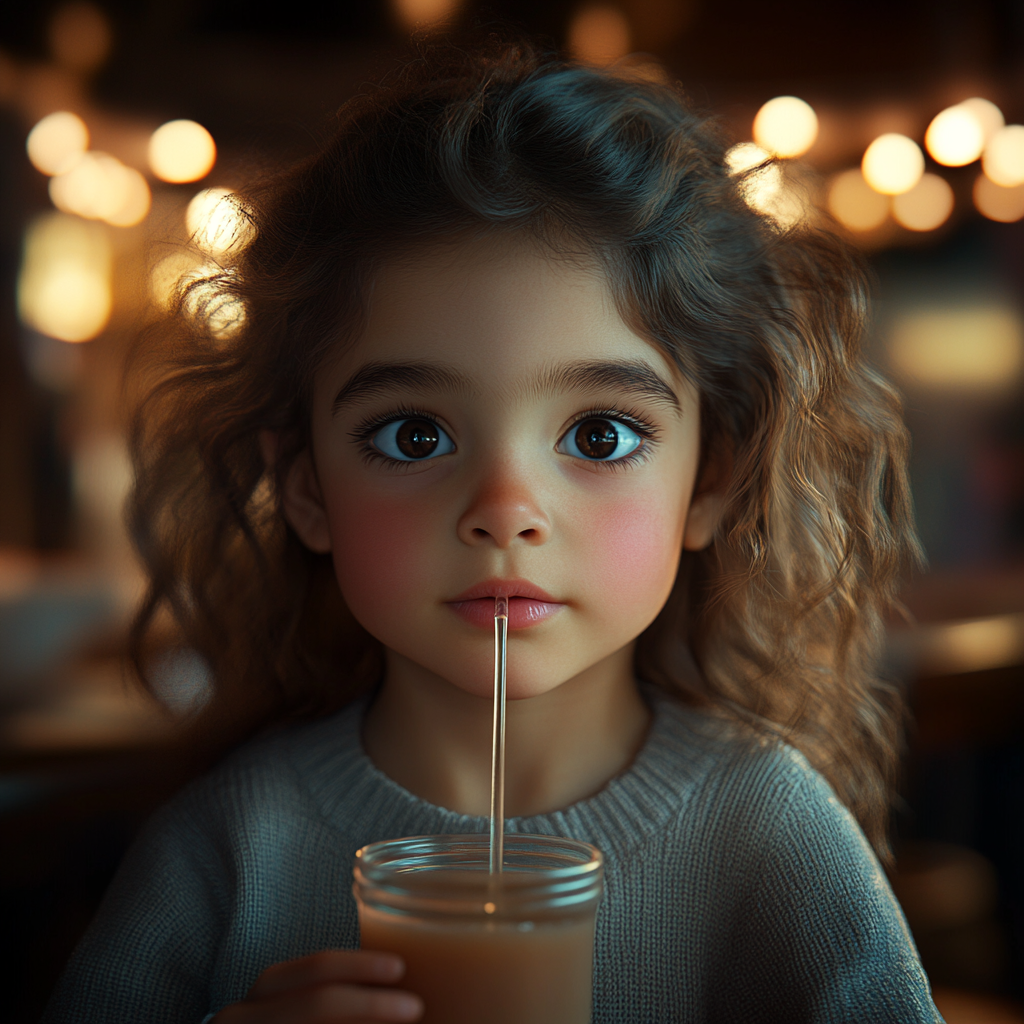 A little girl drinking juice | Source: Midjourney