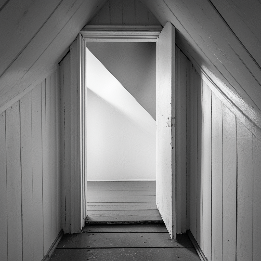 A grayscale shot of an open attic door | Source: Midjourney