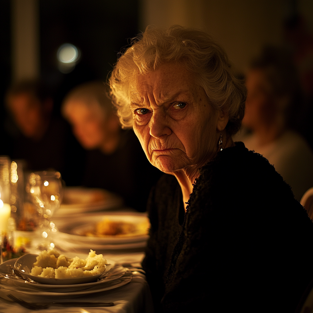 An angry elderly woman at a dinner table | Source: Midjourney