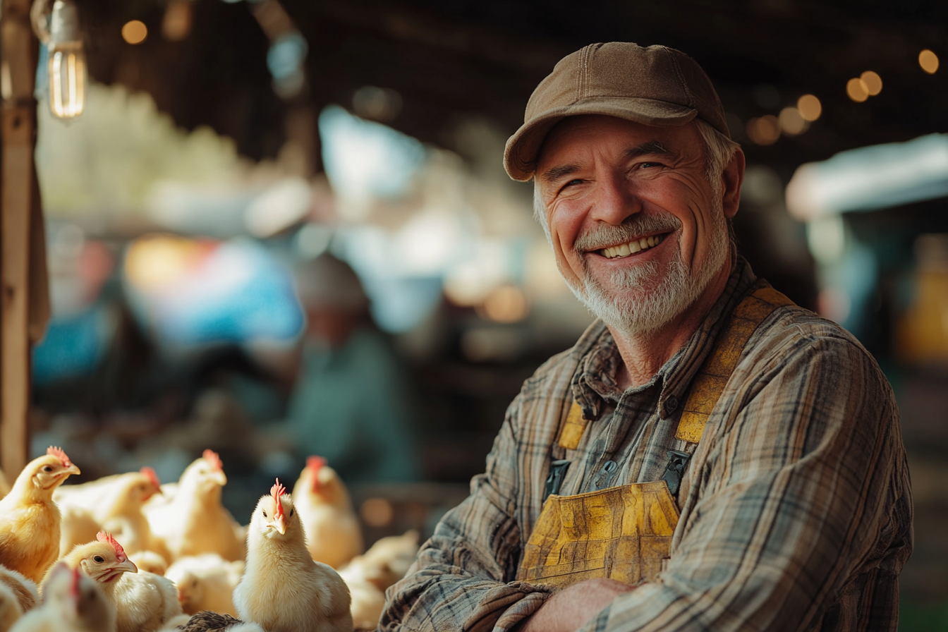 A man dressed as a farmer smiling with small chicks nearby | Source: Midjourney