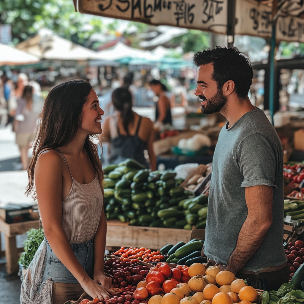 Gente charlando en un mercado de agricultores | Fuente: Midjourney