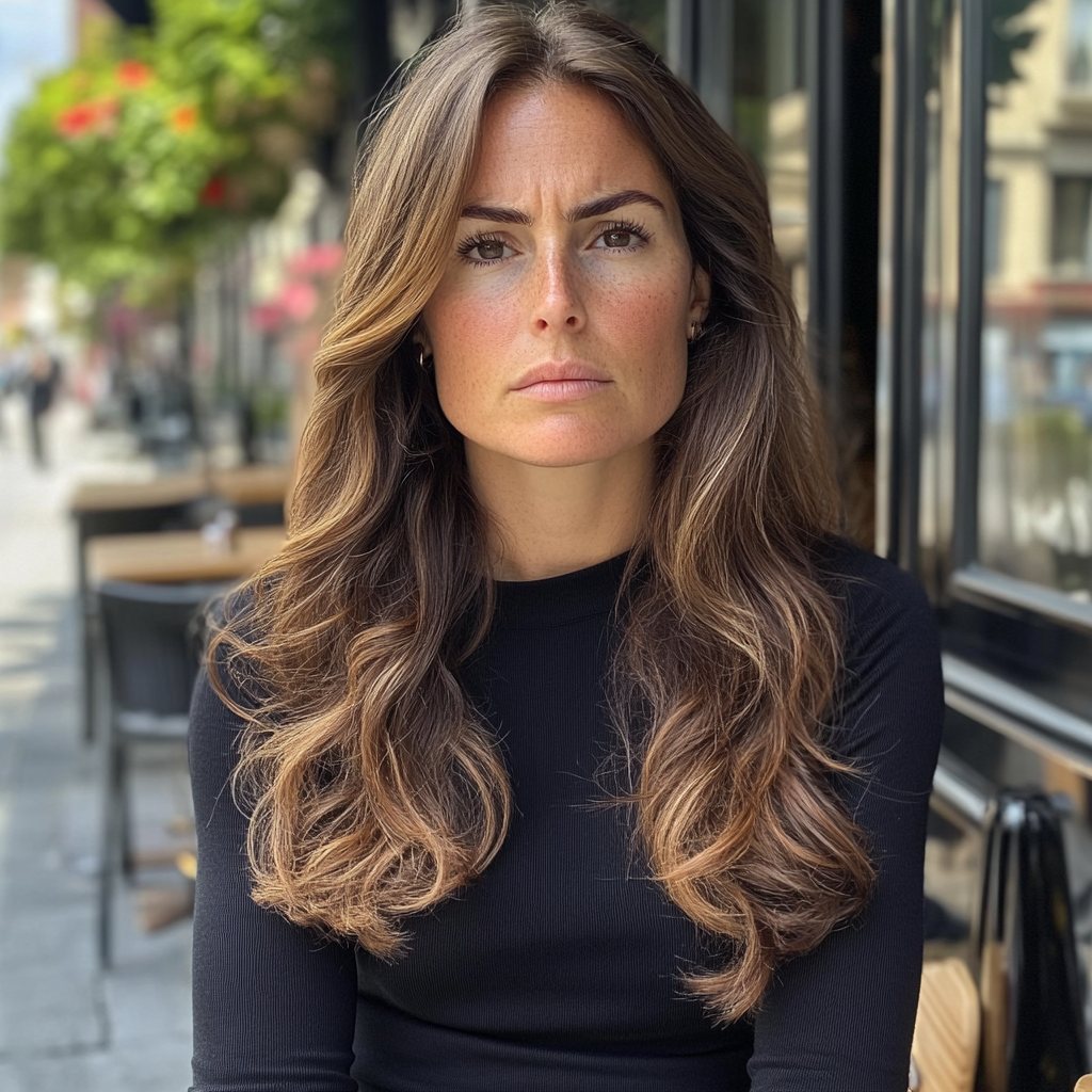 An upset woman sitting outside a bistro | Source: Midjourney