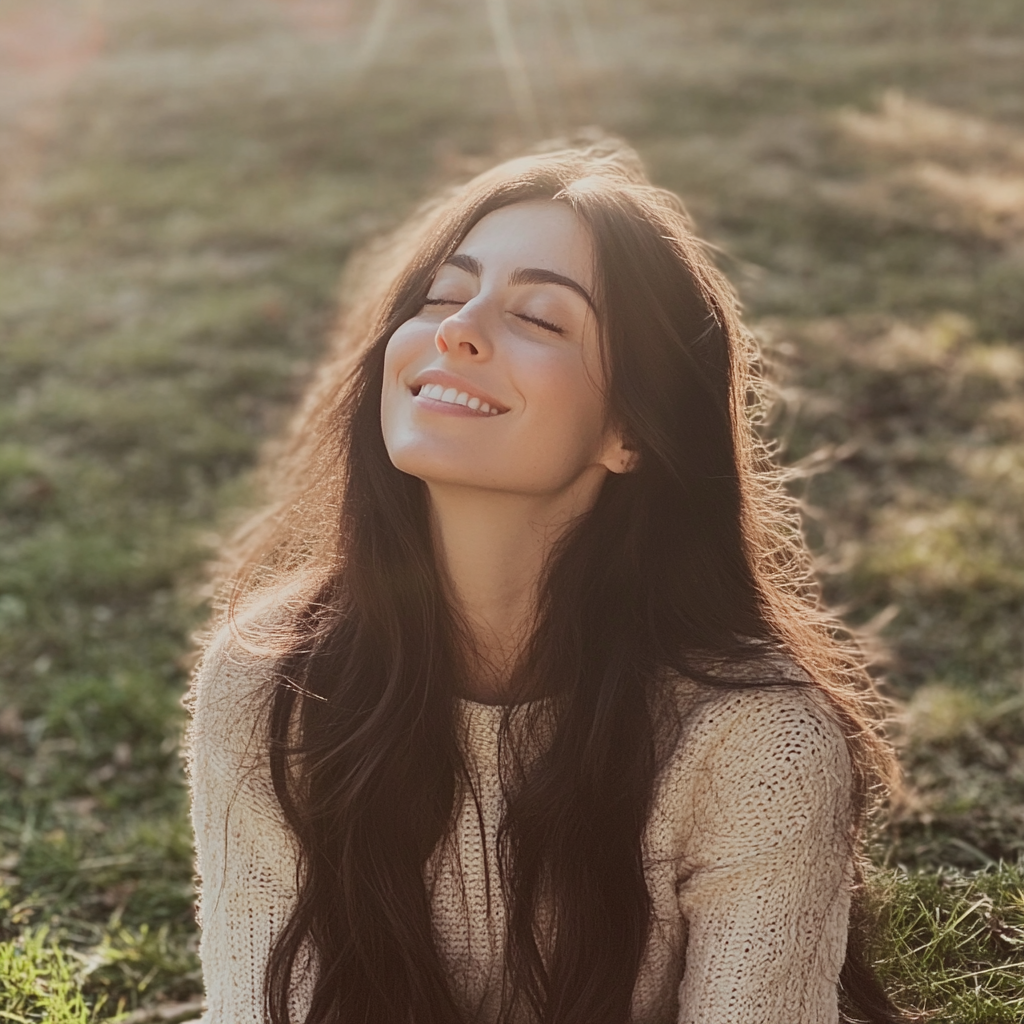 A smiling woman sitting outside | Source: Midjourney