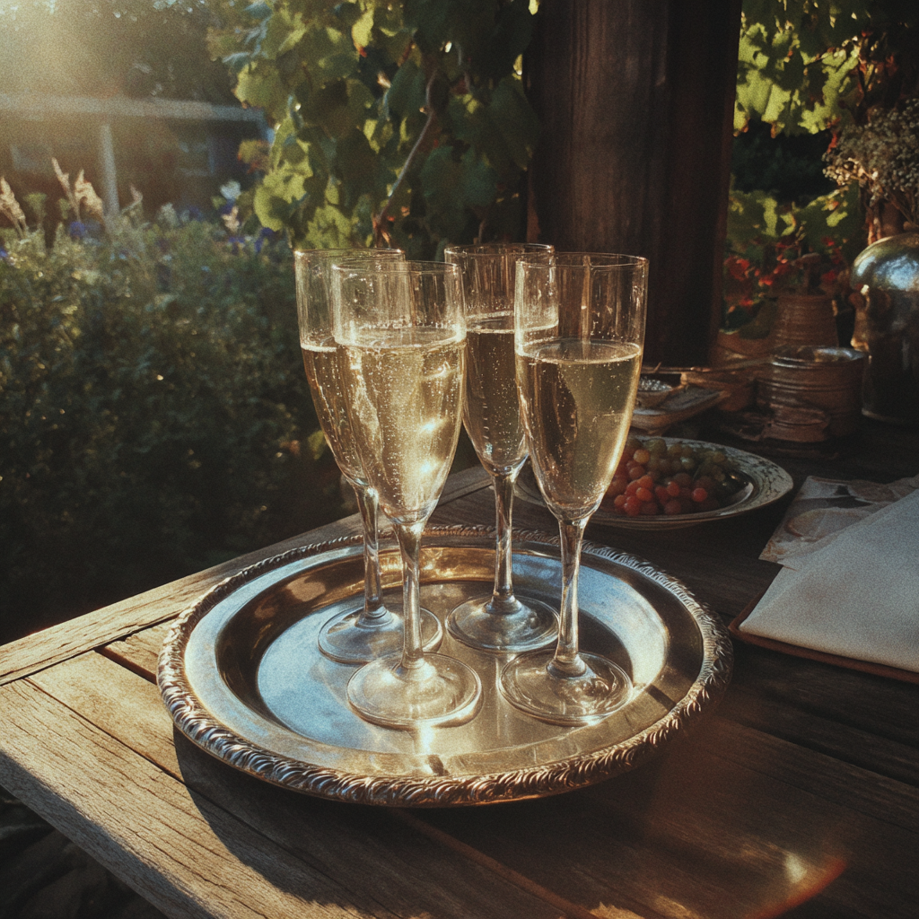 Glasses of champagne on a table | Source: Midjourney