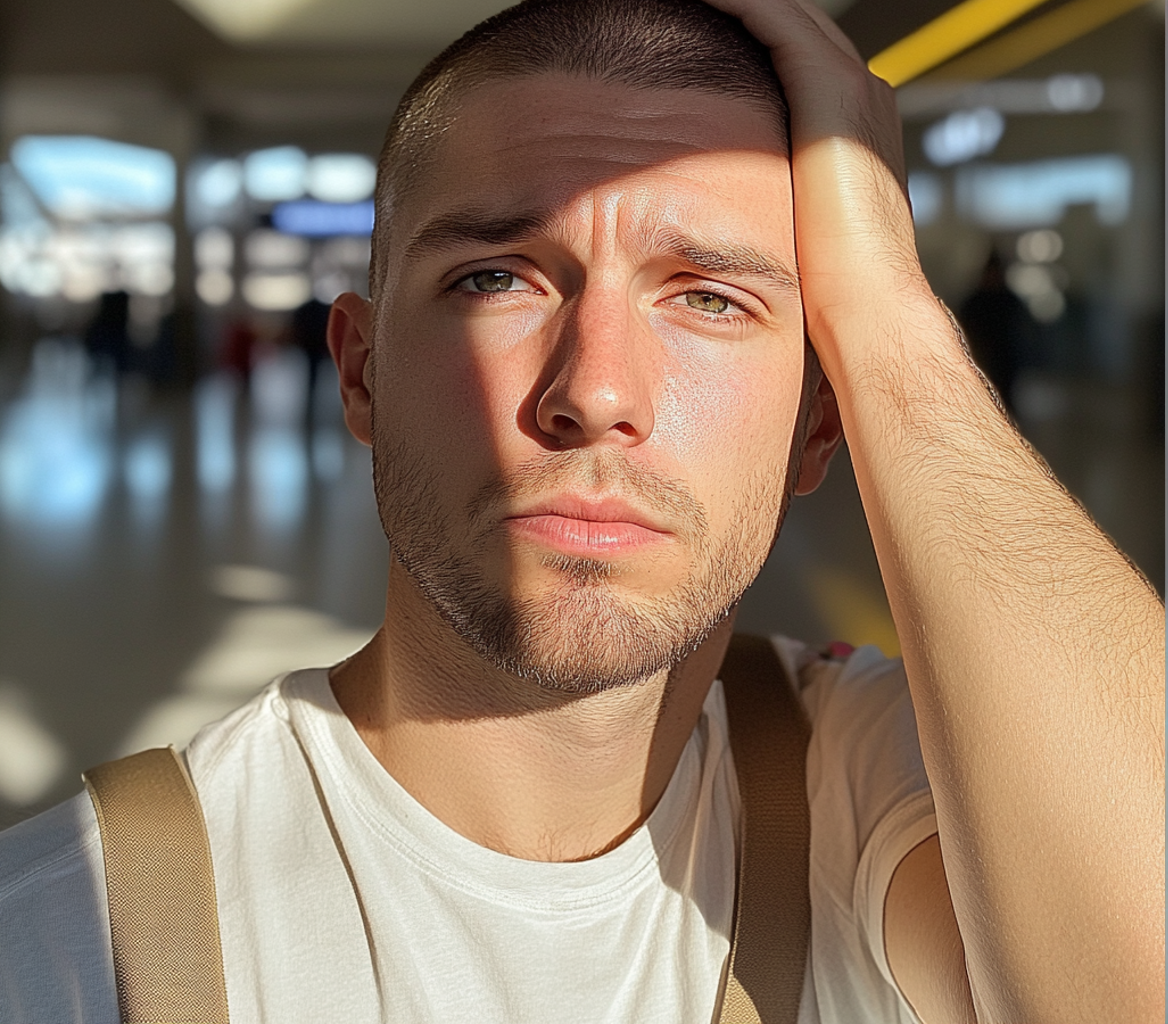 A close up of a man holding his head | Source: Midjourney