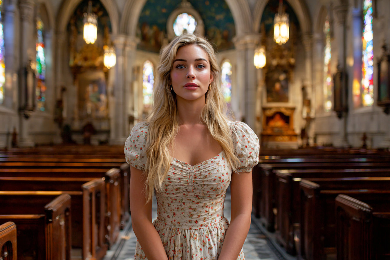 A woman standing in a church aisle | Source: Midjourney