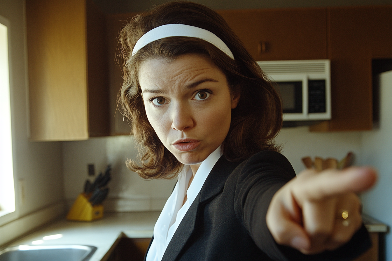 Woman in her 30s in work clothes in the kitchen pointing at someone like a warning | Source: Midjourney