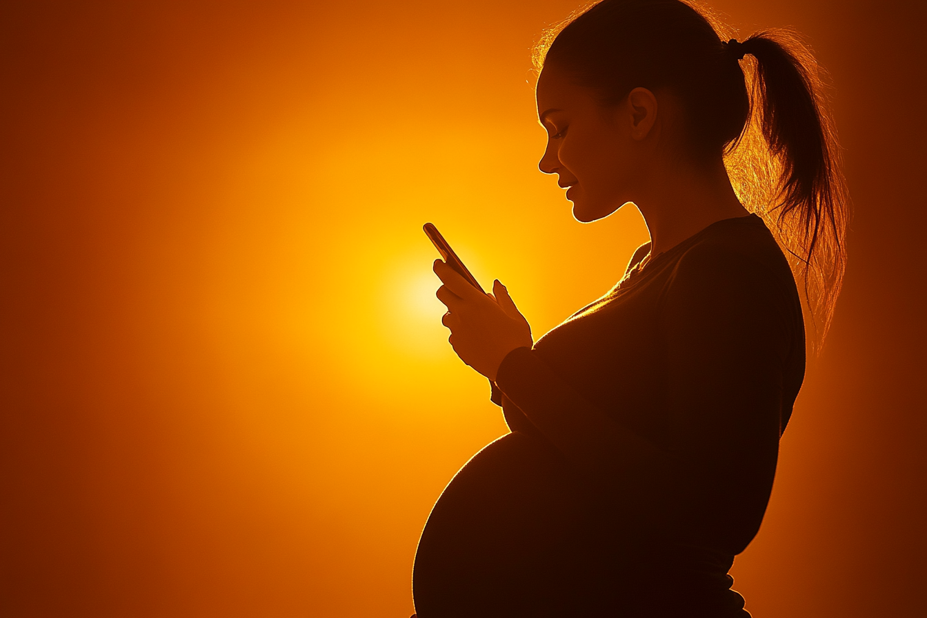 Silhueta de uma mulher grávida segurando um smartphone | Fonte: Midjourney