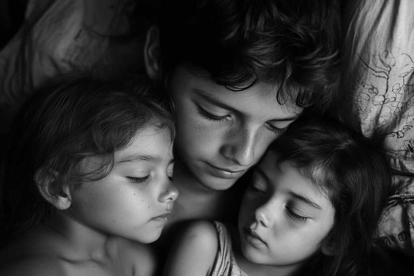 Young boy protecting his two sisters | Source: Midjourney