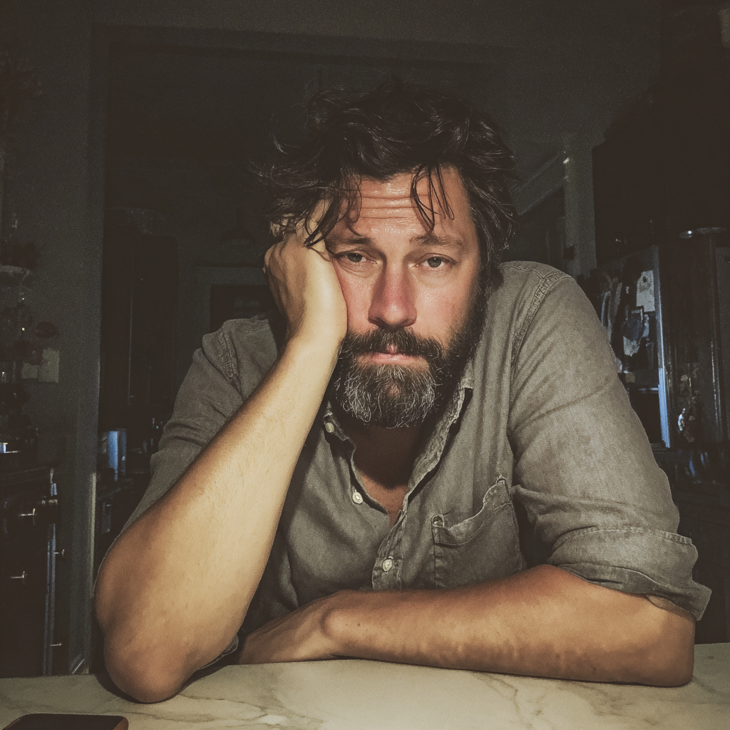 An exhausted man sitting at a table | Source: Midjourney