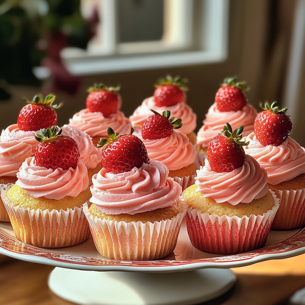 A platter of strawberry cupcakes | Source: Midjourney