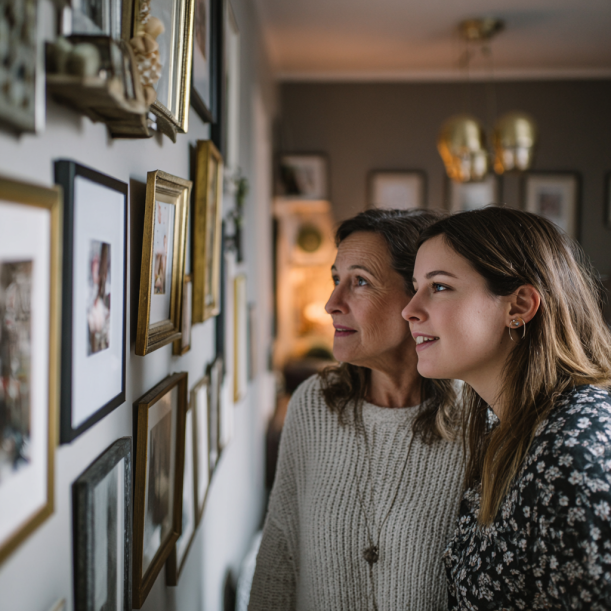 Two women looking at framed pictures | Source: Midjourney