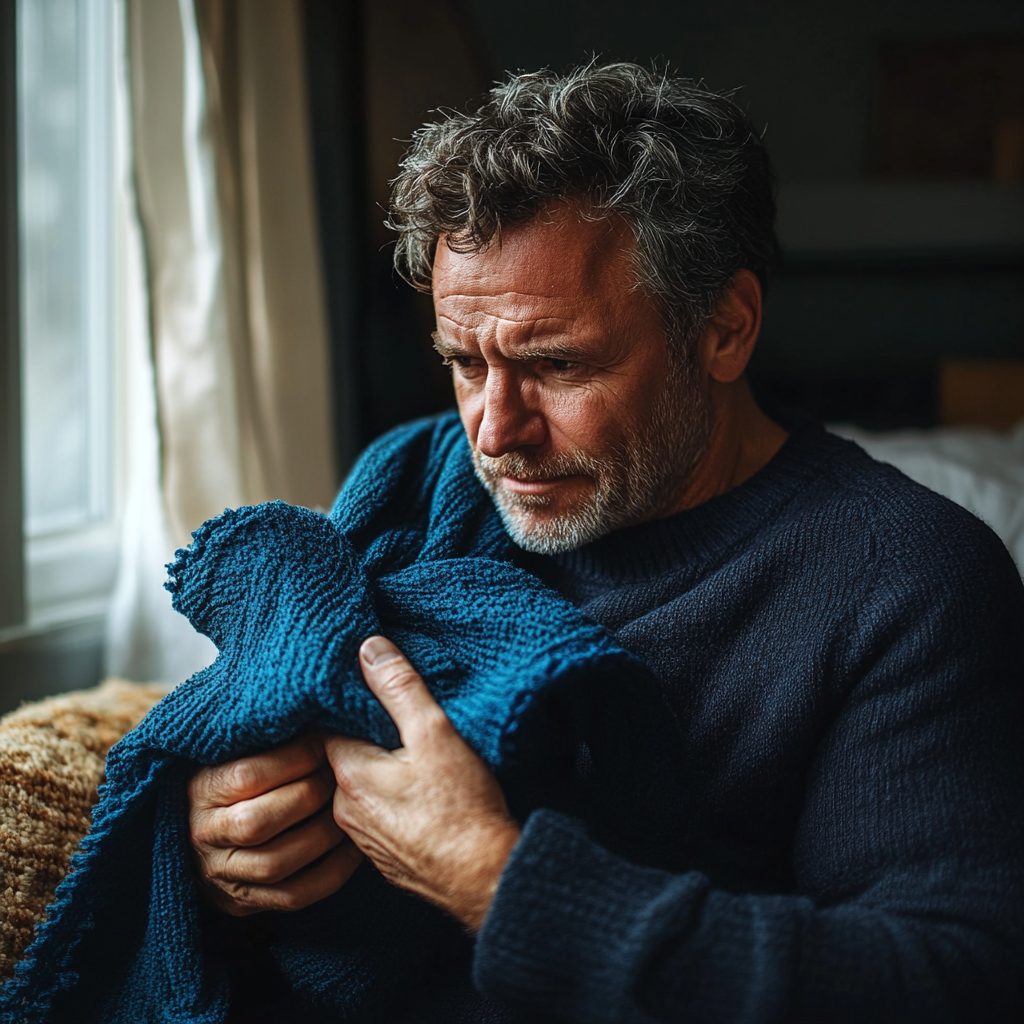 A man clutching a scarf in his hands | Source: Midjourney