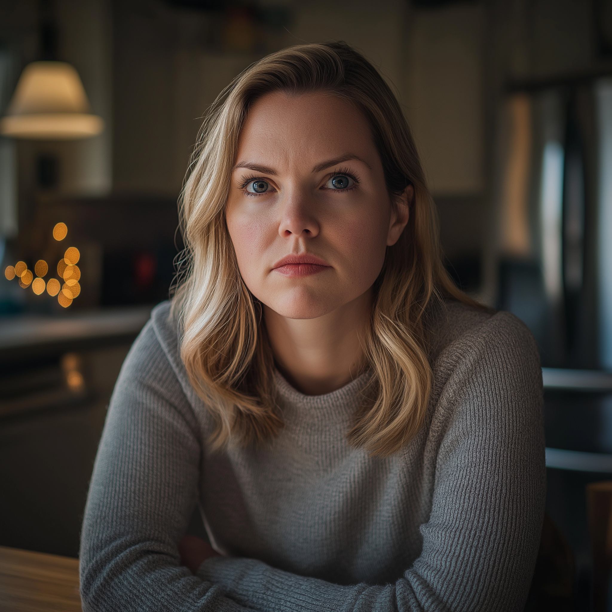 A woman looks concerned and thoughtful while sitting at the kitchen table | Source: Midjourney