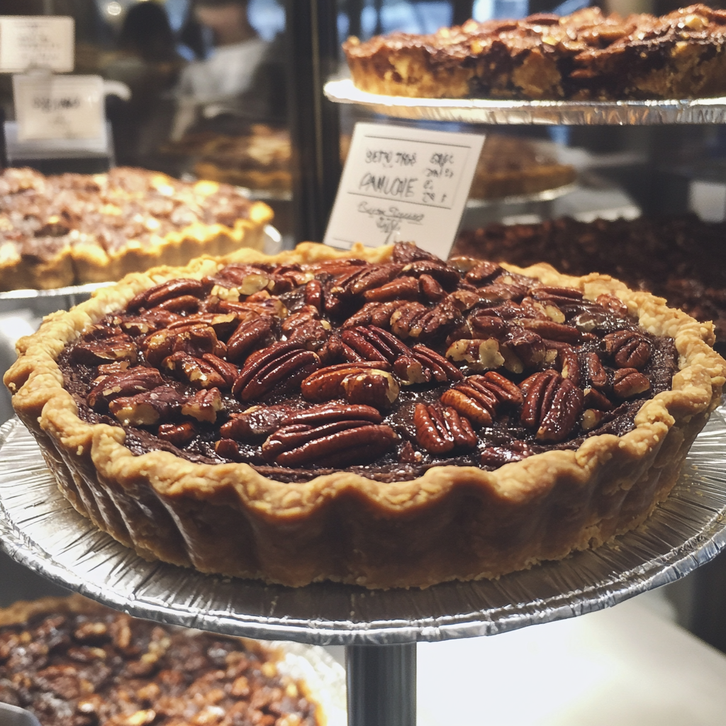 A chocolate pecan pie in a bakery display | Source: Midjourney