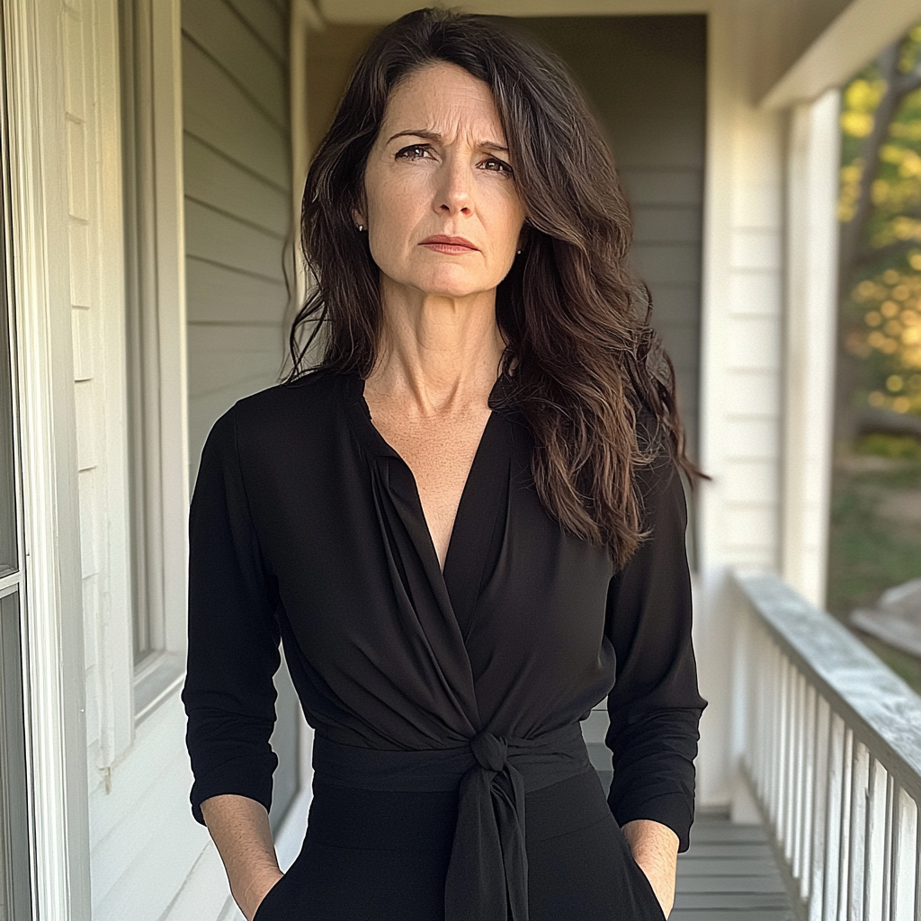 A woman standing on a porch with her hands in her pockets | Source: Midjourney