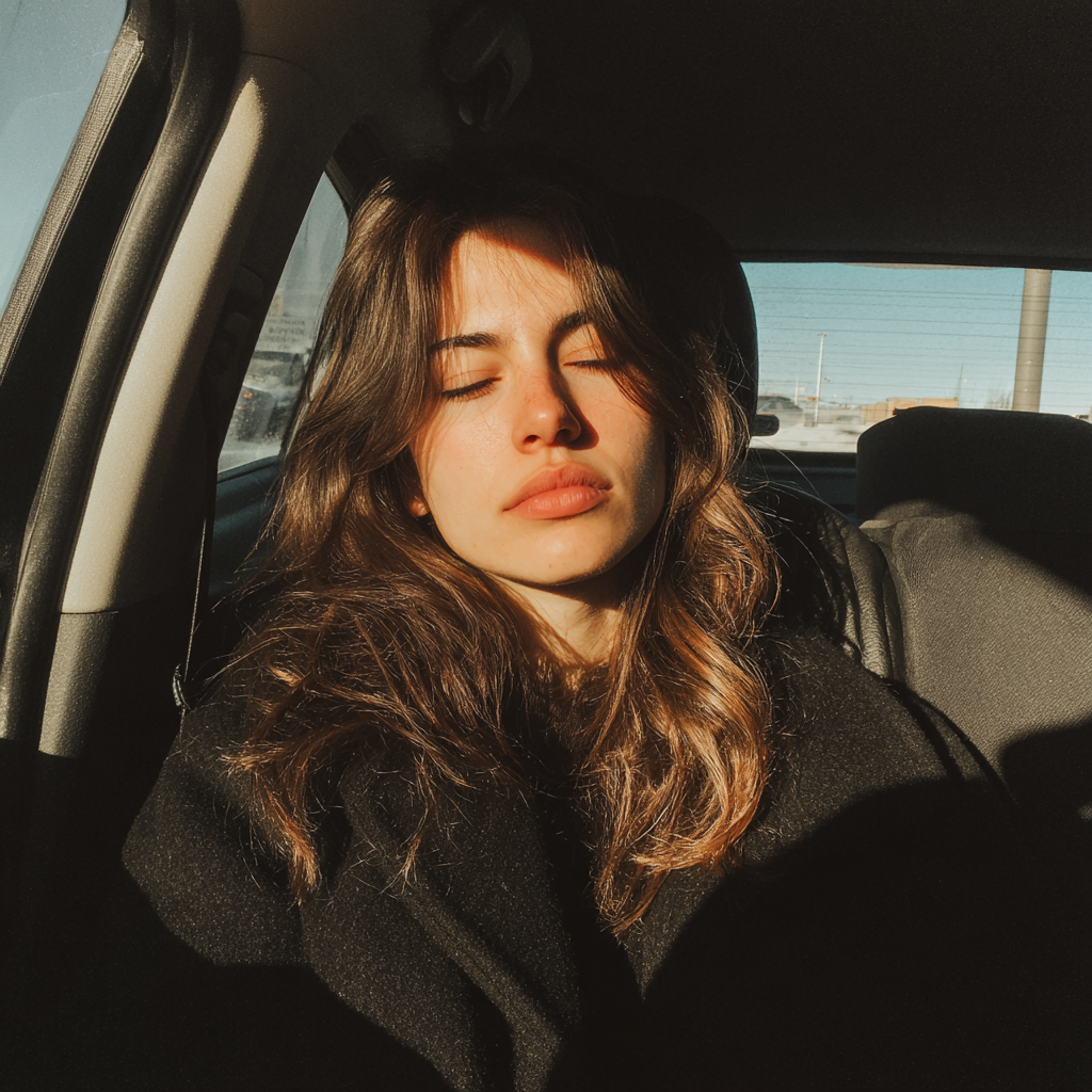 A woman in a black coat sitting in a car | Source: Midjourney