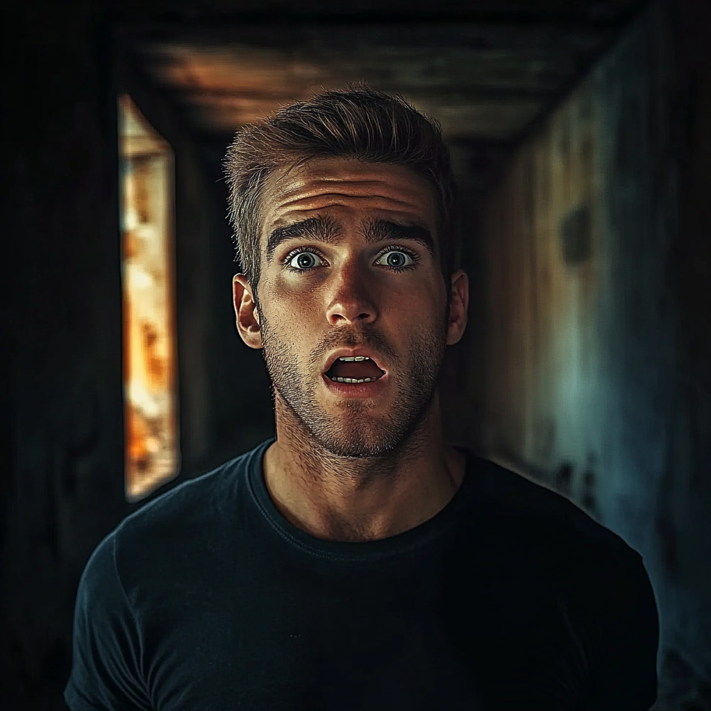 A startled man in an abandoned building | Source: Midjourney