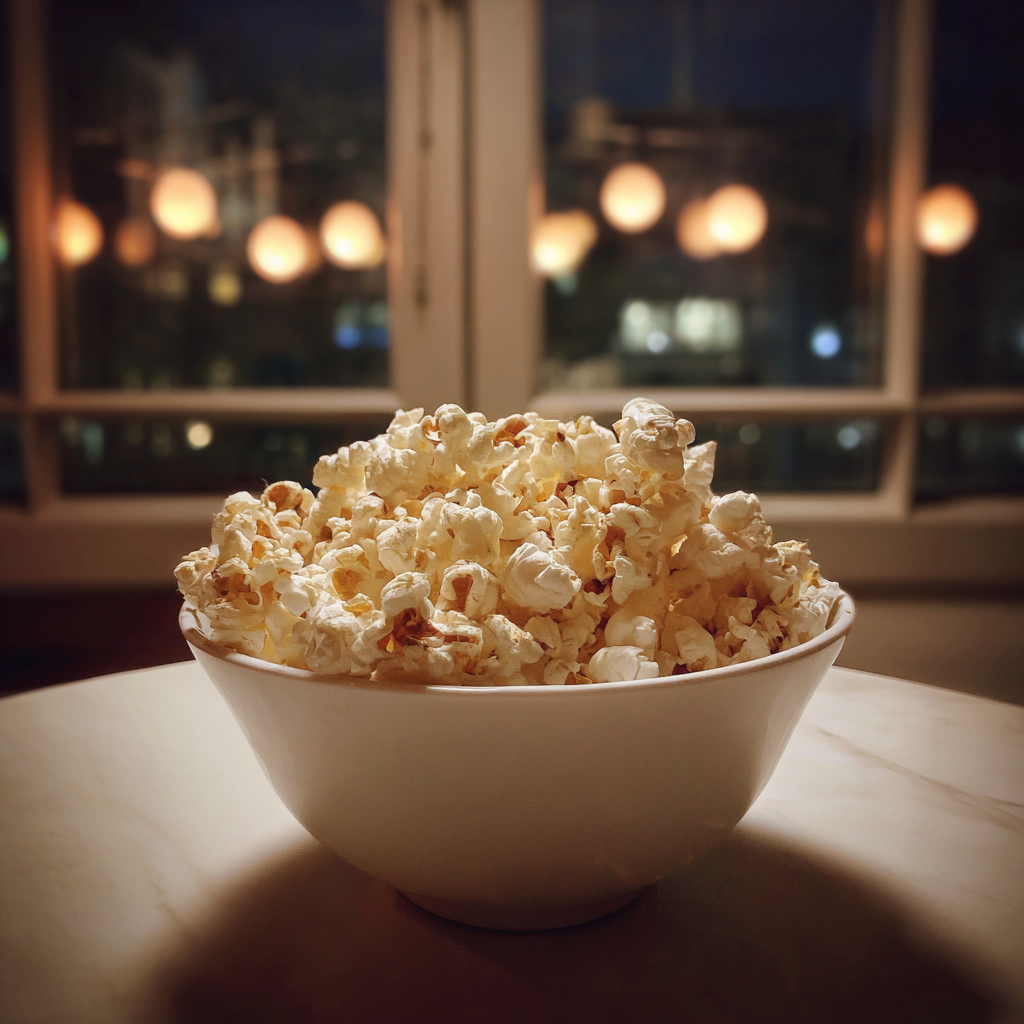 A bowl of popcorn on a coffee table | Source: Midjourney