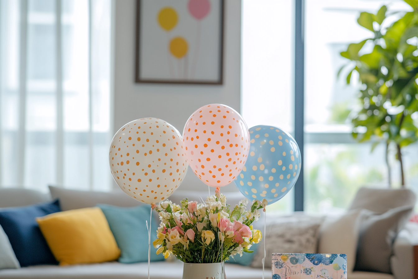 Balloons and flowers in a living room | Source: Midjourney