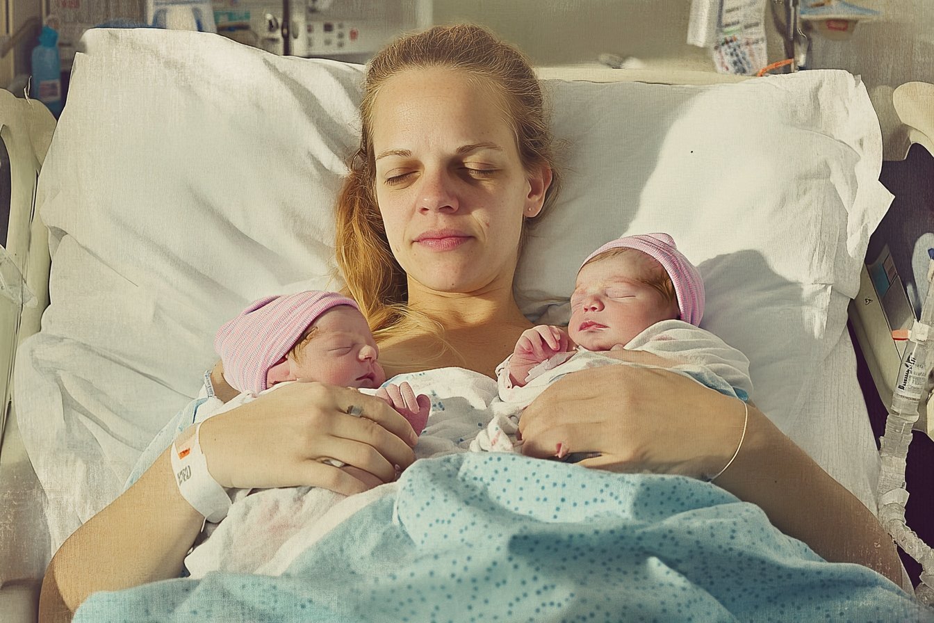 A woman with her newborn twins | Source: Midjourney