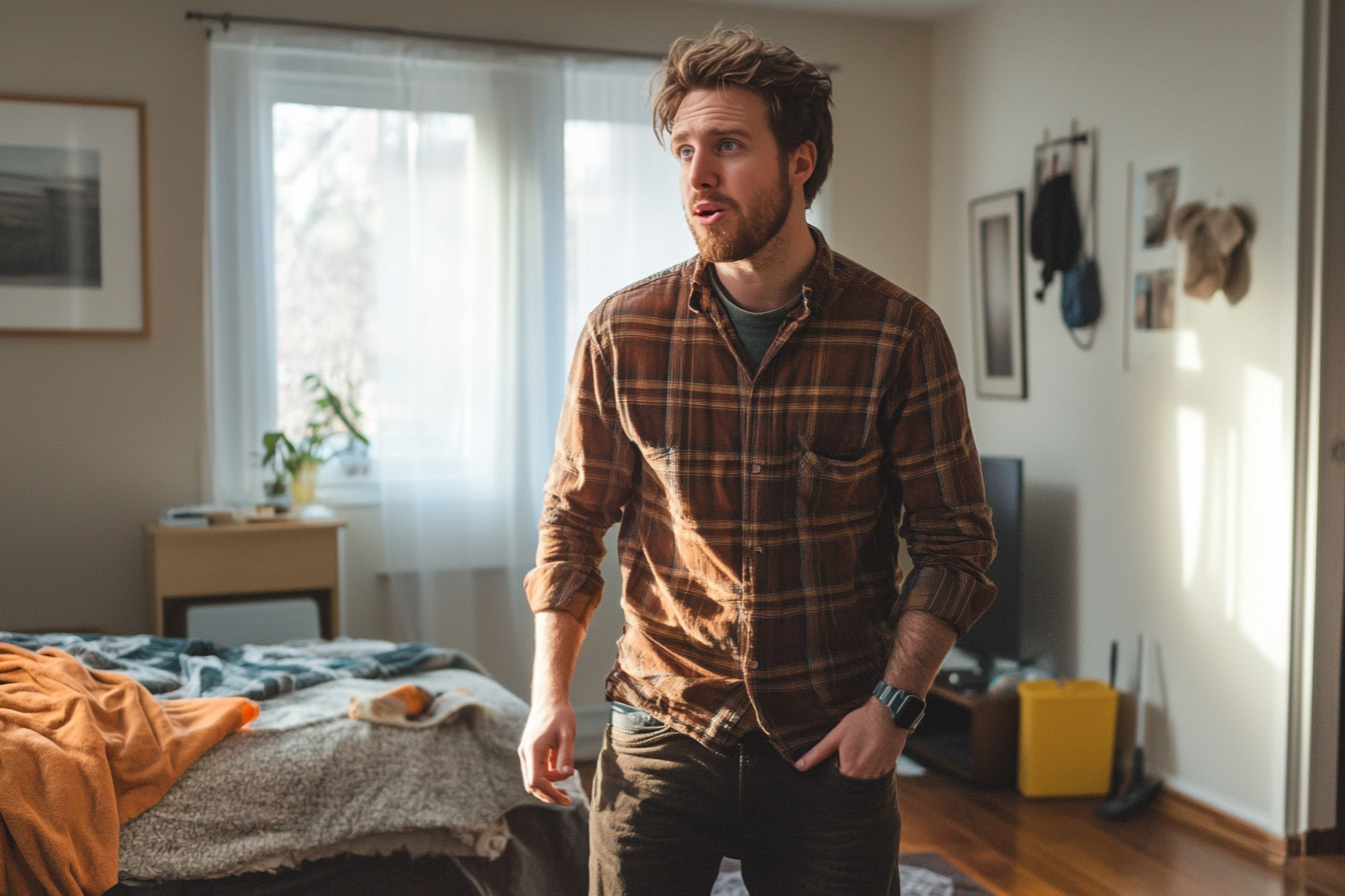 Un homme dans un salon parle à quelqu'un | Source : Midjourney