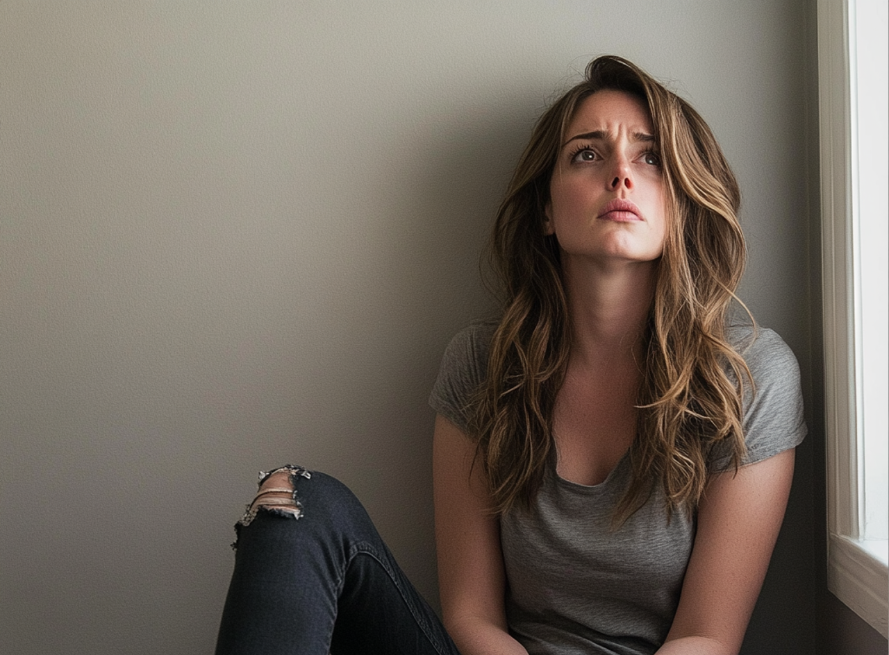 An emotional woman leaning against a wall | Source: Midjourney