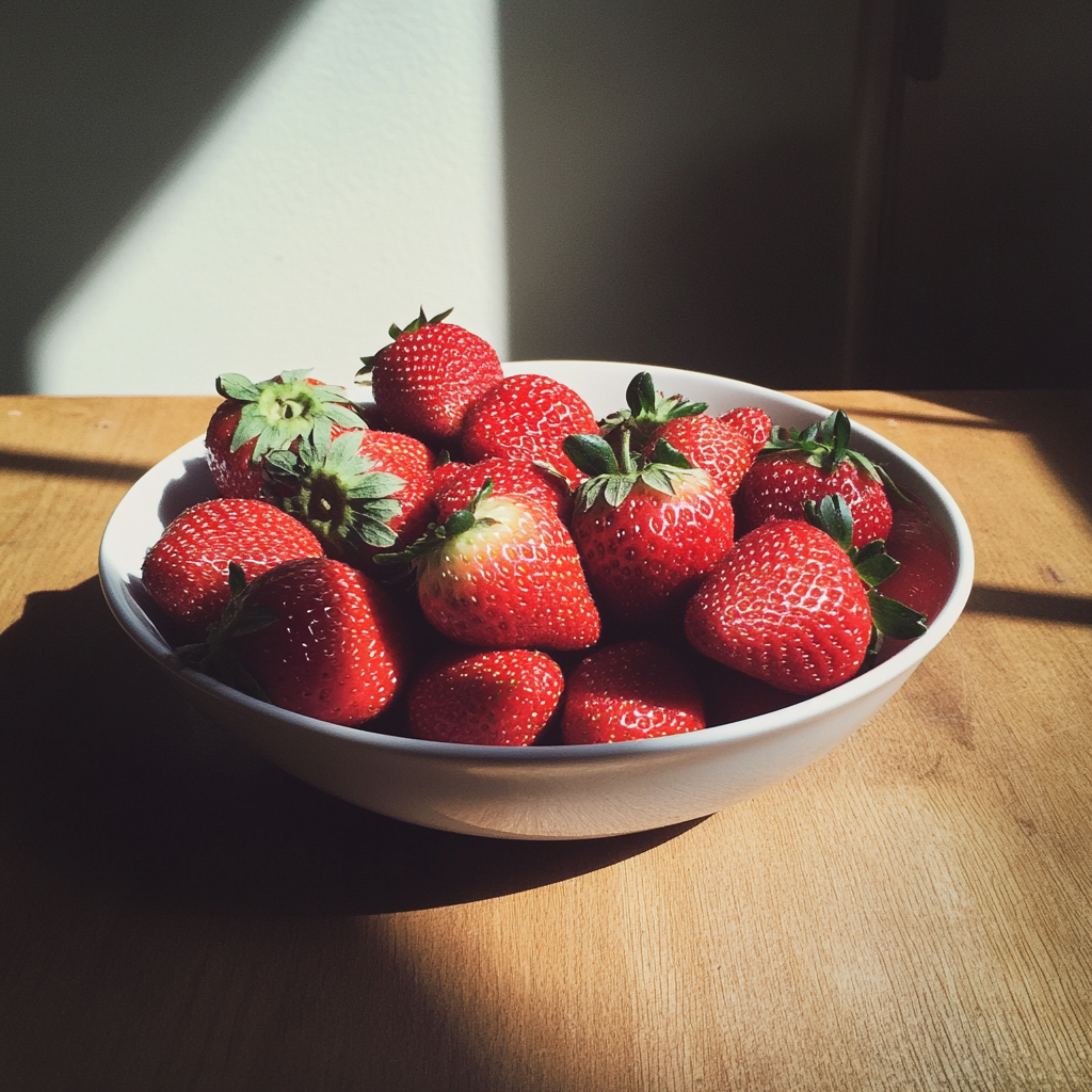 A bowl of strawberries on a table | Source: Midjourney