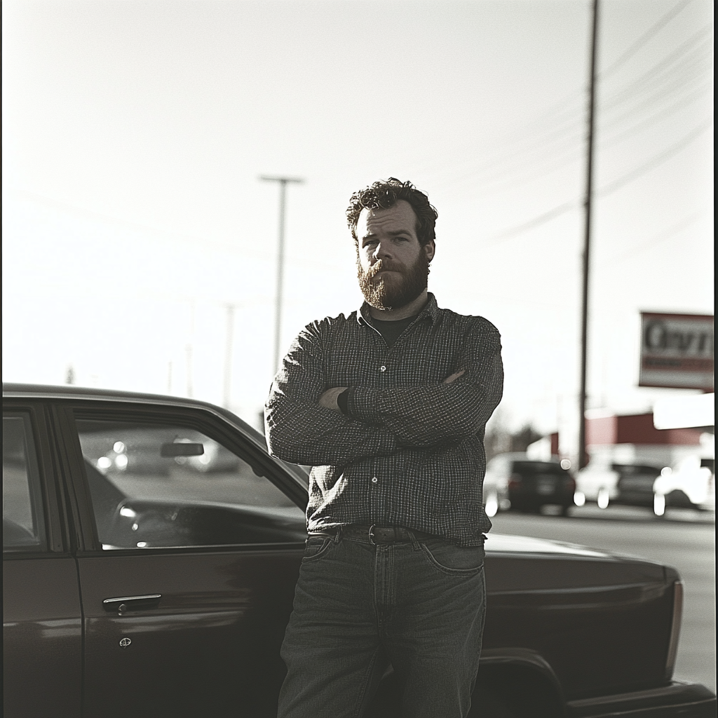 A man with arms crossed standing by a car | Source: Midjourney