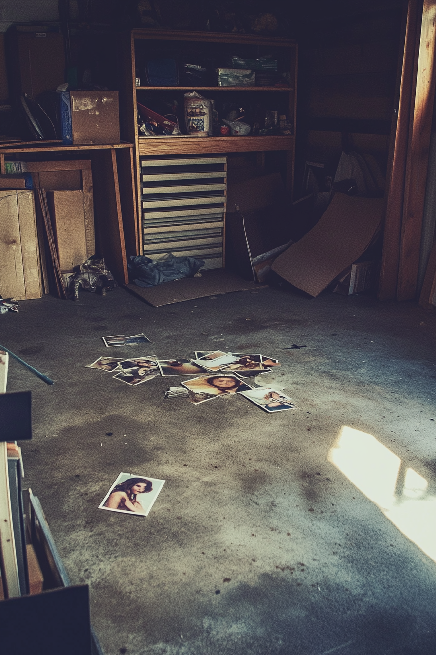 Photos of a woman scattered in a garage | Source: Amomama