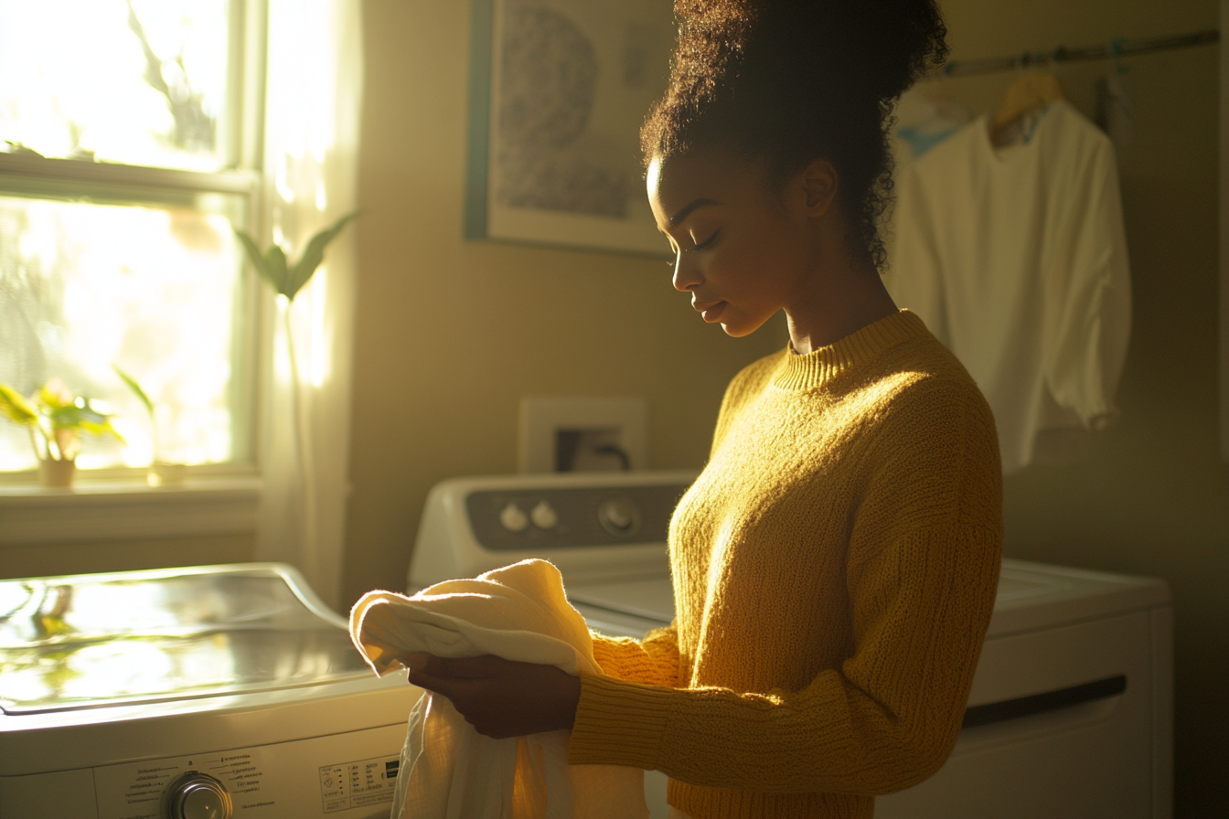 A woman folding laundry next to a washer and dryer | Source: Midjourney