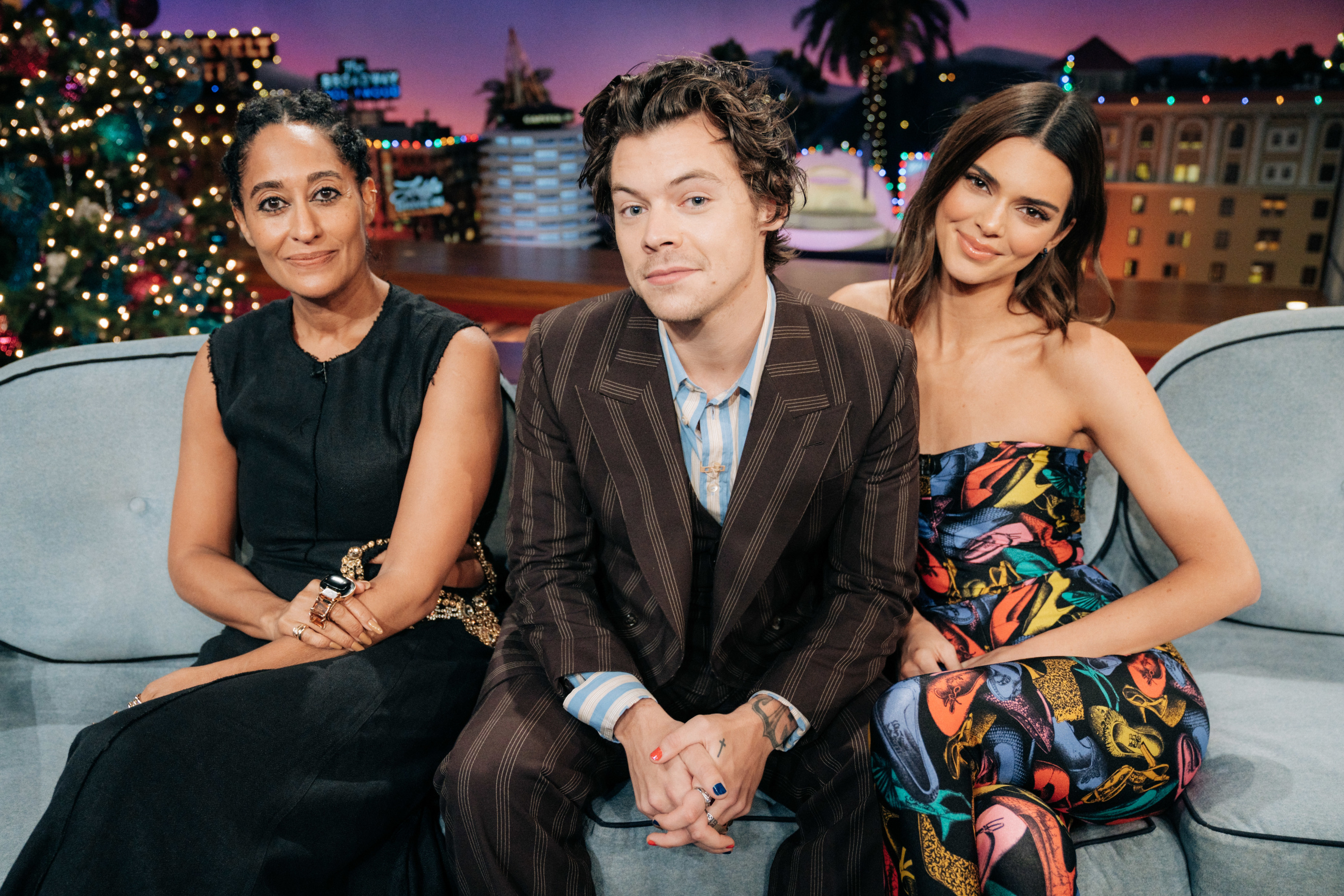 Harry Styles guest-hosts "The Late Late Show with James Corden" on Tuesday, December 10, 2019, with guests Tracee Ellis Ross and Kendall Jenner. | Source: Getty Images
