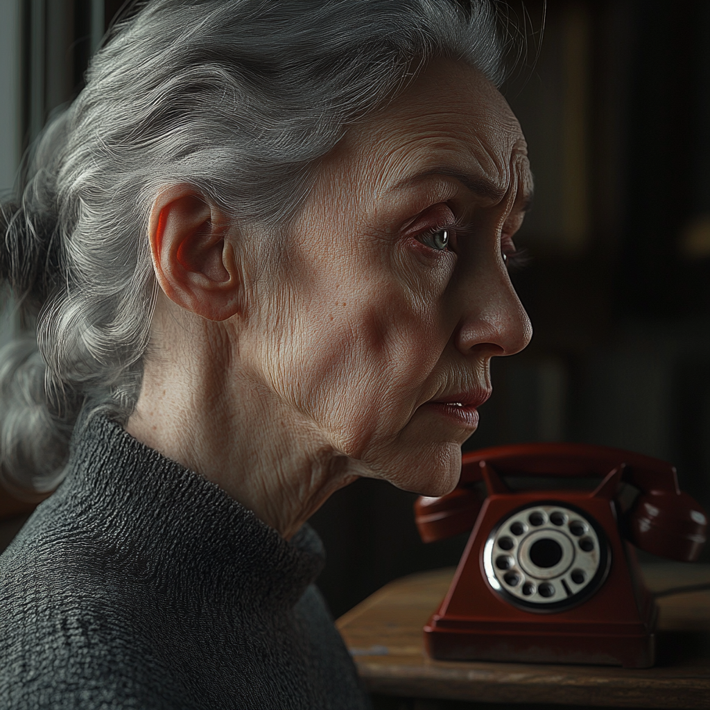 A desperate woman standing near a rotary phone | Source: Midjourney