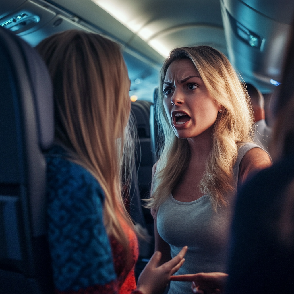 A young woman shouting at flight attendants | Source: Midjourney