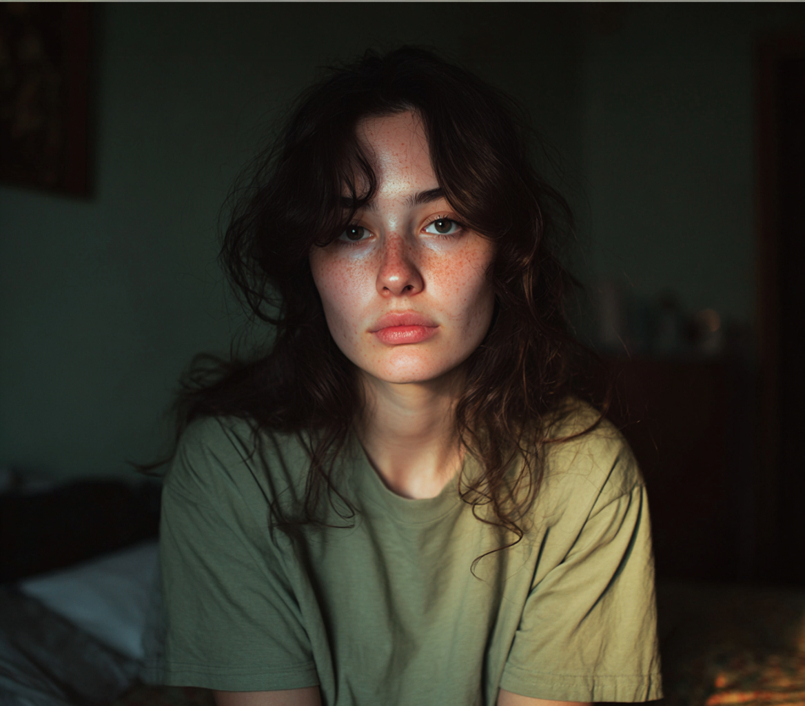 An emotional woman sitting on a bed | Source: Midjourney