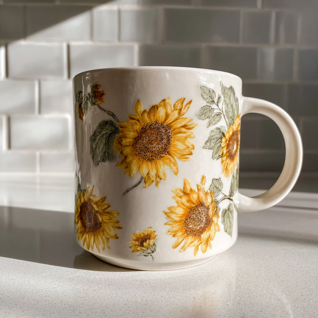 A white mug with sunflowers on it | Source: Midjourney